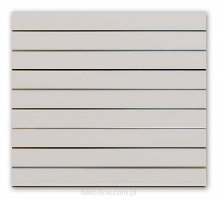 Panel MDF Slatwall Popiel (U112 PE) + wsuwki ALU (odstępy co 10cm)