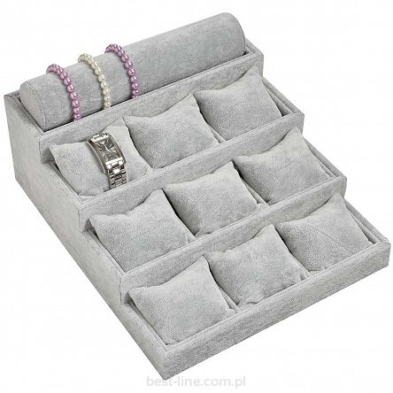 Ekspozytor schodkowy z 9 poduszkami i wałkiem szary