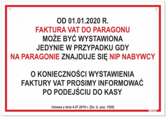 Tabliczka "FAKTURA VAT DO PARAGONU 17,5x25cm"
